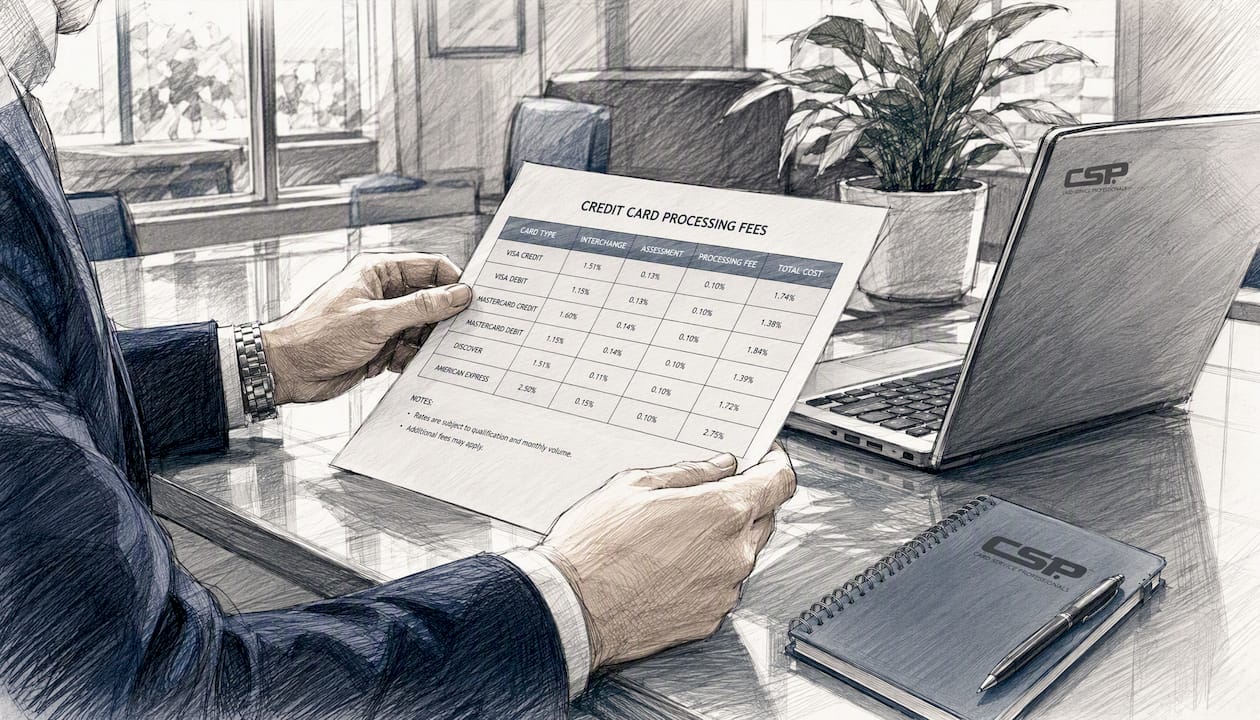 Hands pointing at processing fee table